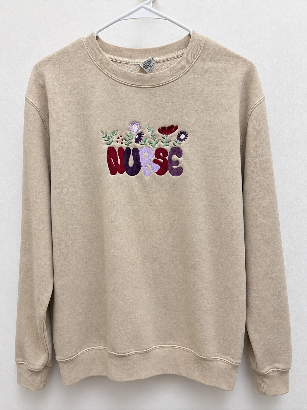 Beige Embroidered 'NURSE' Floral Crewneck Sweatshirt